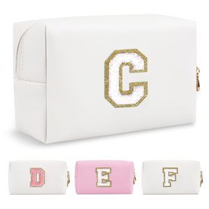 Personalized Initial A-z Preppy Patch Makeup Bag,waterproof Pu Chenille Letter😊